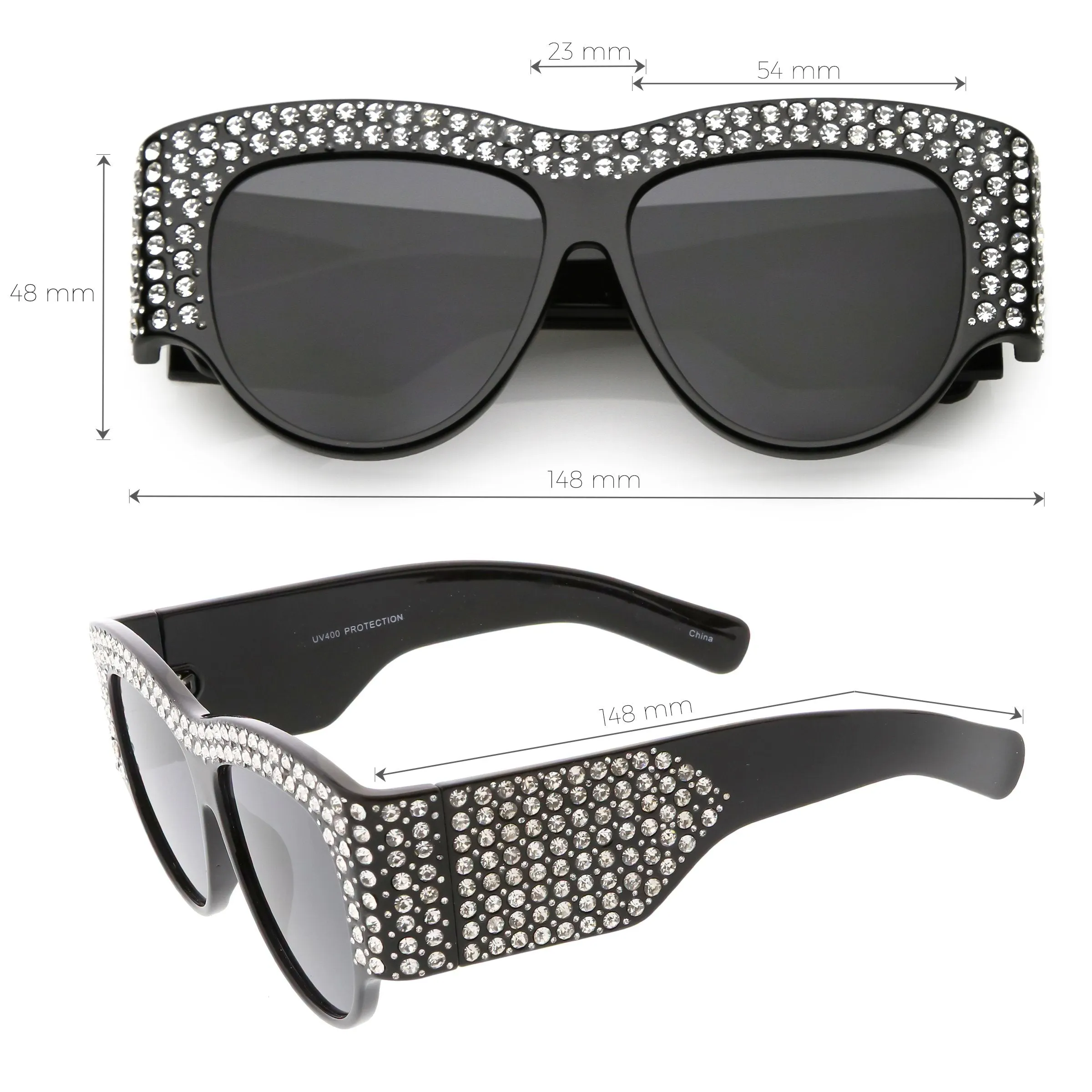 Women's Handcrafted Oversize Horned Rim Rhinestone Sunglasses C609